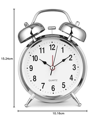 Image of Bernhard Products Metal Analog Alarm Clock Twin Bell Silver 4 inch Extra Loud Quartz Battery Operated with Backlight, Silent Non-Ticking, Vintage Retro Antique Decorative Old School
