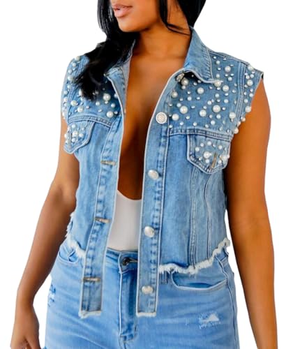 Women's beaded Pearls Short Denim Vest Sleeveless Button Cropped Jean Jacket Tops - Main Image