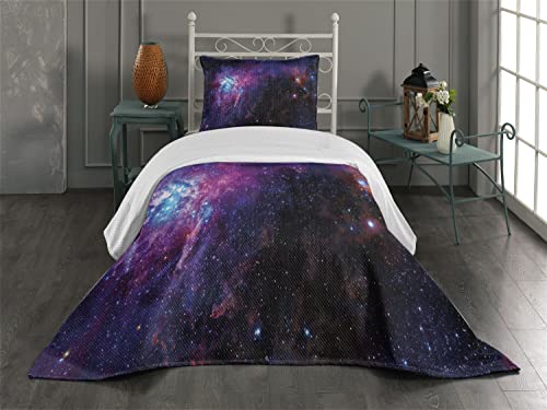 Ambesonne Galaxy Coverlet, Starry Night Nebula Cloud Celestial Theme Image Space Art Elements Print, 2 Piece Decorative Quilted Bedspread Set with 1 Pillow Sham, Twin Size, Purple Black Blue