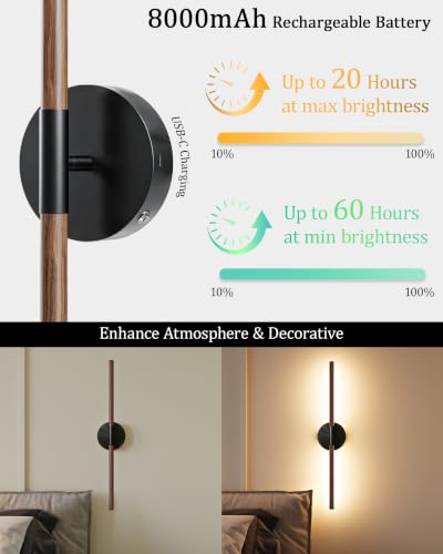 Image of 24 inch Battery Operated Wall Sconce Set of 2, 350 Rotating Lamp, Walnut Black