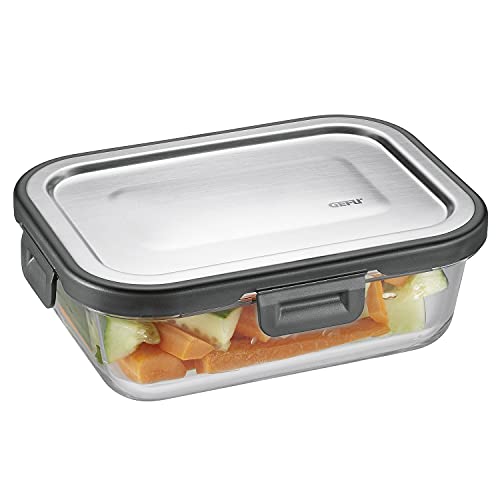 GEFU Frischhaltedose MILO - smarte Lunchbox mit Frische- & Vorratskontrolle per App, aus Glas mit Silikonverdichtung & Klick-Verschluss, Lebensmittelbehälter, Tupperdose, 600 ml, rechteckig