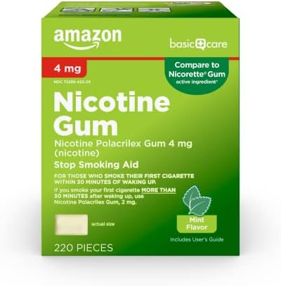 Amazon Basic Care Uncoated Nicotine Polacrilex Gum 4 mg, Mint Flavor, Stop Smoking Aid, 220 Count