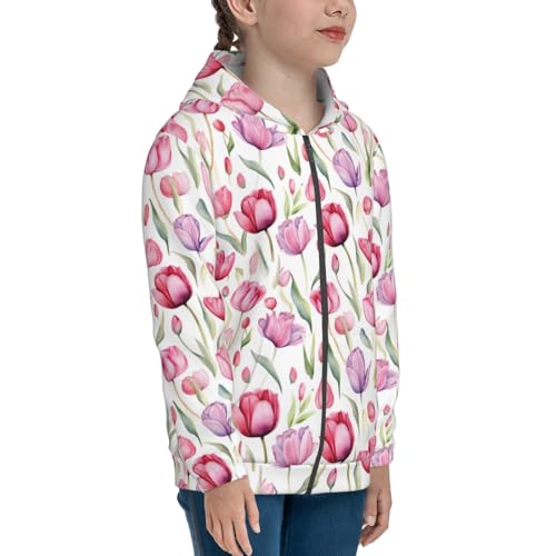 Tulip Flowers Watercolor Kid Hoodies Boys Zip Up Sweatshirts Girls Pullover with Pocket4