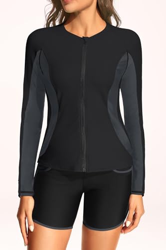 Women 3 Piece Rash Guard - Long Sleeve Swimsuit Built in Bra Swim Shirt Zip Bathing Suit with Pocket Shorts4