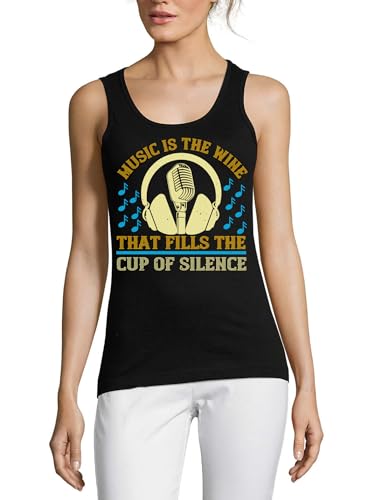 Camiseta sin mangas de algodón negra para mujer con mensaje de música