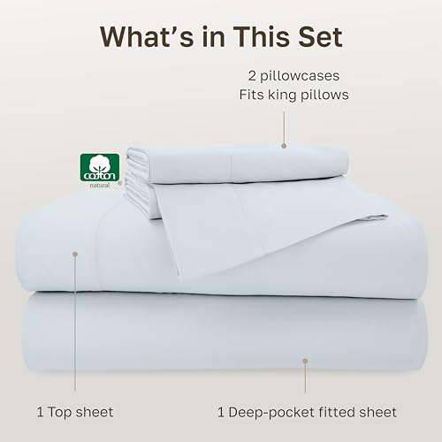 Image of California Design Den King Size Sheets Set Deep Pockets Bedding - 500 Thread Count Sateen, 100% Cotton, Mist Blue King Sheets Bedding Set with All Around Elastic for a Snug Fit - Silver Mist Blue