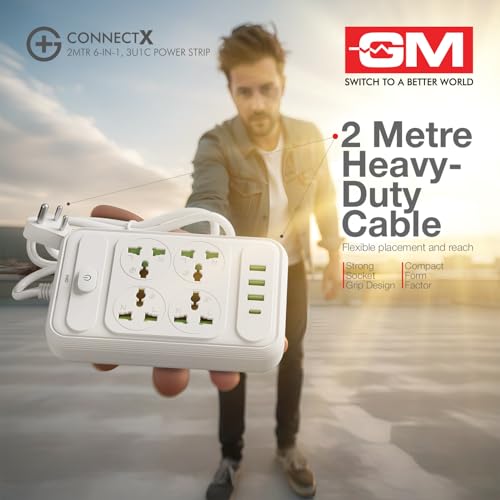Image of GM G+ ConnectX 6-in-1 Powerstrip with Type-C, 4 Universal Sockets, 3 USB, 2500W, 2M Cable, Master Switch, Surge Protection | Extension Board for Home & Office
