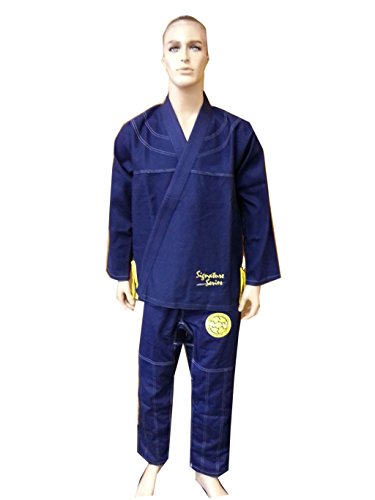 Woldorf USA Brazilian Jiu Jitsu Kimono Pearl Weave Gi Competition Uniform Navy Blue Yellow Rip Stop Pants Size 4 A2 Pre-Shrunk, Ultra Light Weight Uniforms