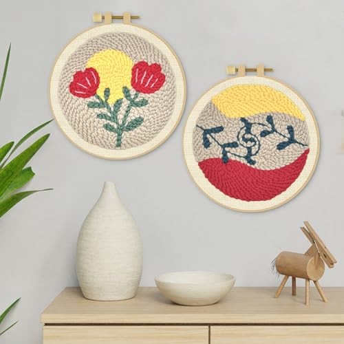 Image of ERKOON Punch Needle Kit Adults Beginners, 2 Pcs DIY Easy Floral Embroidery Set for Starter Art Craft, Needling Punching Project with Patterns, Tools, Yarns, Hoop, Instruction (Rose)