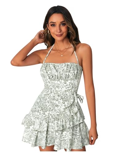 Image of Floerns Women's Floral Halter Ruffle Tiered Cute Summer Mini Dress Milkmaid Vacation Sundress