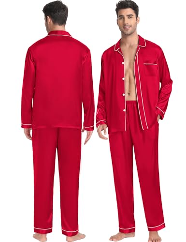 SWOMOG Couples Satin Pajamas Set Women & Men 2PCS Pjs Long Sleeve & Pants Sleepwear Button-Down Loungewear with Pockets3