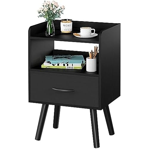 Yoobure Night Stand with Fabric Drawer, Modern Nightstand, Bedside Tables, Mid Century Nightstands with Open Storage Shelf, Wood Bedside Table, Small Night Stands for Bedrooms, 2-Tier Night Table