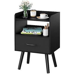 Yoobure Night Stand with Fabric Drawer, Modern Nightstand, Bedside Tables, Mid Century Nightstands with Open Storage Shelf, Wood Bedside Table, Small Night Stands for Bedrooms, 2-Tier Night Table