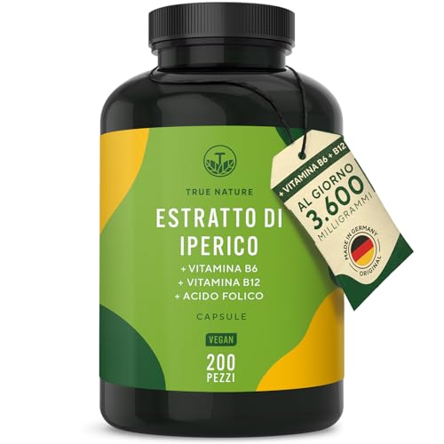 Iperico - 200 Capsule (Erba di San Giovanni) - 3.600 mg al giorno - ipericina naturale - vitamina B6, B12 e acido folico (aiutano a ridurre la stanchezza) - TRUE NATURE®