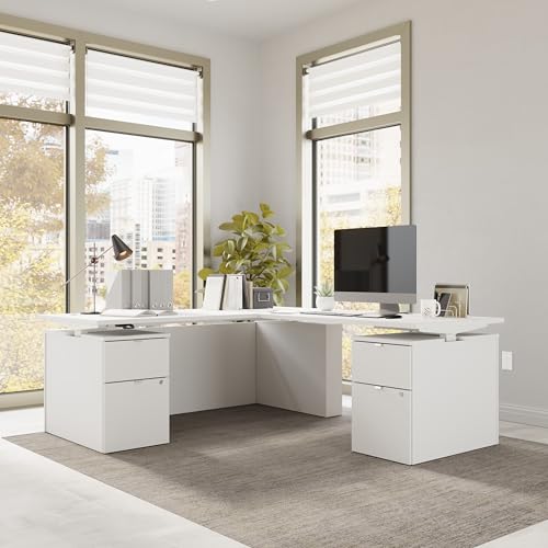 Image of Bush Business Furniture 72-inch Height Adjustable L Shaped Standing Desk with Drawers, Ergonomic Sit-Stand Computer Table for Office, Stratus Collection, White with White Base