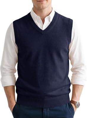 JEAPDQEX Men's V-Neck Sleeveless Sweater Vest Navy Blue X-Large