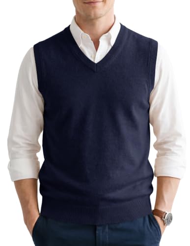 JEAPDQEX Men's V-Neck Sleeveless Sweater Vest Navy Blue X-Large