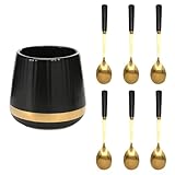 6PCS Coffee Spoons with Ceramic Jar Holder, Small Stainless Steel Gold Tea Spoons, Mini Dessert Spoons Set for Fruit, Stirring, Mixing, Sugar, Ice Cream, Cake (Black)