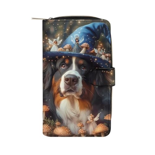 Bernese Dog In A Fairy Forests Womens PU Leather Wallet Long Purse Clutch Organizer for Office Travel