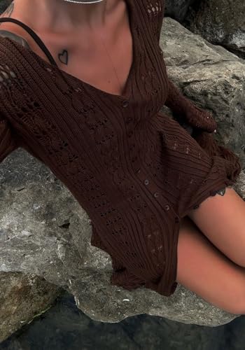 Image of Unybwonn Long Cardigans for Women Crochet Hollow Out Knit Sweater Cover up Maxi Dress Long Sleeve Button Down Cardigan