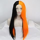 xiweiya Black Orange Half Color Lace Front Wig Long Silky Straight Ginger Orange Wigs Soft Hair Heat Resistant Fiber Wig 150% Density Hair for Women 26inch