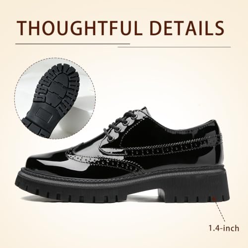 Image of Oxford Shoes for Women Patent Platform Non‑Slip Work Dress Casual Shoes | Polishable patent leather platform oxfords, non slip flats for work, school formal, business & casual daily dress wear