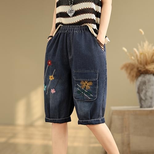 LAI MENG FIVE CATS Women Denim Harem Pants Loose Jeans with Elastic Waist with Pocket3