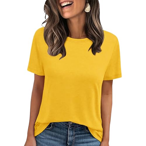 LOOKFACE Women's Summer Short Sleeve Crewneck T Shirts Solid Color Tees Casual Basic Tops Yellow Medium