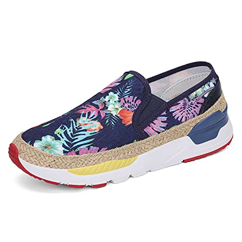 Dannto Womenâ€™s Fashion Floral Art Loafers Flat Painted Canvas Slip on Boat Sneakers Lightweight Ladies Travel Casual Shoes for Women Deepblue Size 11