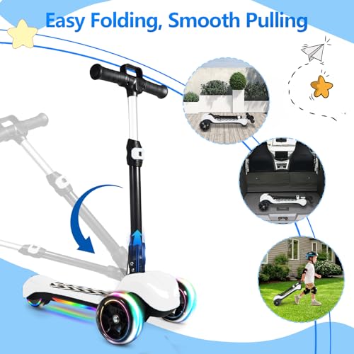 Electric Scooter for Kids Ages 3-12, Full Body Lights Up, Wide Deck, 3 Adjustable Heights, 5MPH Safe Speed, 90min Riding, Foldable 3 Wheel Electric Scooter for Kids Boys Girls(LCD Screen/Pull Handle) - Thumbnail 3
