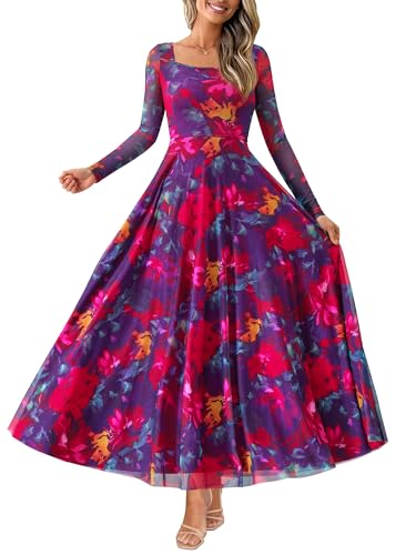 BTFBM Women Maxi Dress Fall 2025 Fashion Elegant Long Sleeve Square Neck Floral Print Party Club Wedding Guest Dresses