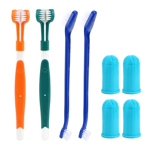 Spazzolino per Cani, 8 Pezzi Set Spazzolino per Cani 2 Tripla Testa, 1 a 4 Dita, 2 Doppia Testa - Pulizia Denti Multi-Angolo per Animali Piccoli, Medi e Grandi
