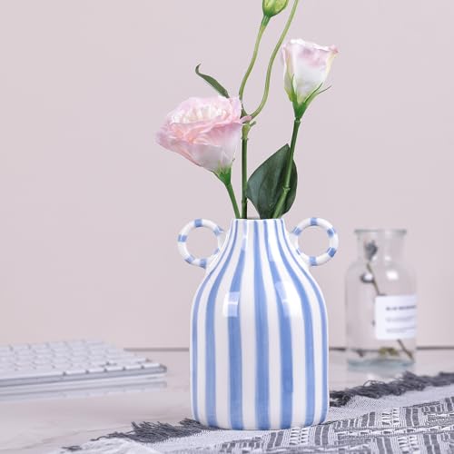 Image of Ceramic Blue and White Striped Vase with Handle, Modern Minimalist Coastal Decor Home for Centerpieces for Tables, Kitchen Office, Bookshelf, Bedroom Aesthetic Decor (A)