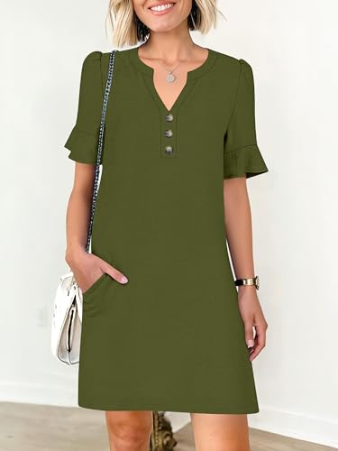 Image of Prinbara Womens Summer Casual Dresses Ruffle Short Sleeve V Neck Button 2026 Spirng Vacation Beach Loose Boho Shift Dress