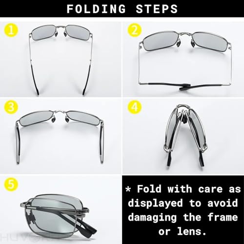 Image of HUVORA Foldable UV Protected Polarized Rectangular Sunglasses for Men Women Stylish Metal Frame Shades Sun Glasses Lightweight Photochromic Square Night Driving Goggles