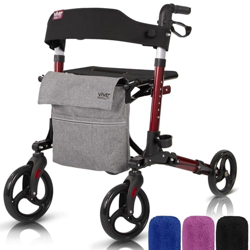 Vive Mobility Rollator Walker - Folding 4 Wheel Medical Rolling Walker with Seat & Bag - Mobility Aid for Adult, Senior, Elderly & Handicap (Ruby Red, Gray Bag)