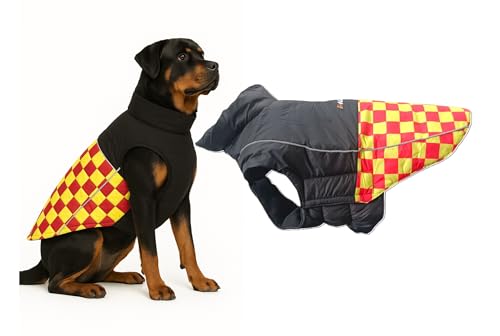 Image of The Pets Company Dog Winter Coat Jacket, Clothes, Windproof, Waterproof, Light Weight, Washable, Ultra Warm Thick Fleece Lined Dog Vest for Cold Weather Protection, (Yellow Check, X-Large - 28 Inch)