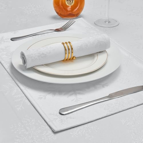 Rectangle Fancy Metallic Sparkling Snowflake Christmas Fabric Table Cloth red Hunter Gold Navy White Silver No-Iron Soil Resistant Woven Holiday Table Cover(White Silver/52x70Inch) – Image 3