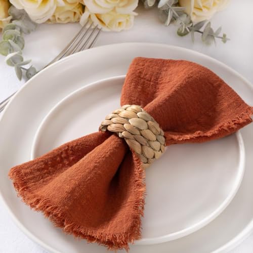 Image of MLMC 6 Pack Terracotta Cloth Napkins Boho Linen Napkins with Fringe Burnt Orange Rustic Dinner Napkins Washable Cloth Napkins 17 inchx17 inch for Wedding Party Bridal Baby Shower Home Decor
