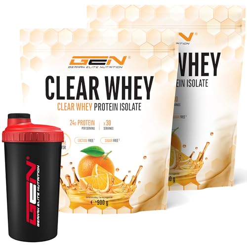1800 g Clear Whey Isolate Proteinshake + Premium Shaker - Fruchtig & erfrischender Eiweiß-Shake - Hochwertiges Molkenprotein-Isolat (2 x 900 g, Orange)