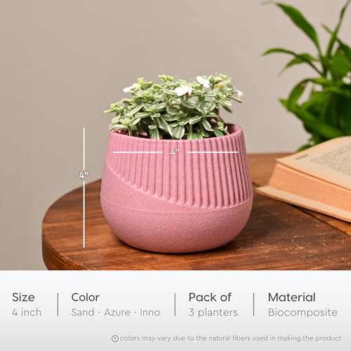 Image of Eha Earth Friendly Oreo 4 inch Small pots for Indoor Plants | Set of 3 | Plant Pot Made with Bamboo Fibers | Table Top Planters for Home Decor and Office, Flower Pot for Living Room | Inno-Sand-Azur