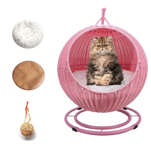QLXYYFC Wicker Cat Bed Indoors & Outdoors, Pet Cat Swing Bed Comfortable and Breathable Elevated Cat Nest, Easy to Assemble, Cushion Removable and Washable (Color : Roze, Size : 43cm X 66cm)