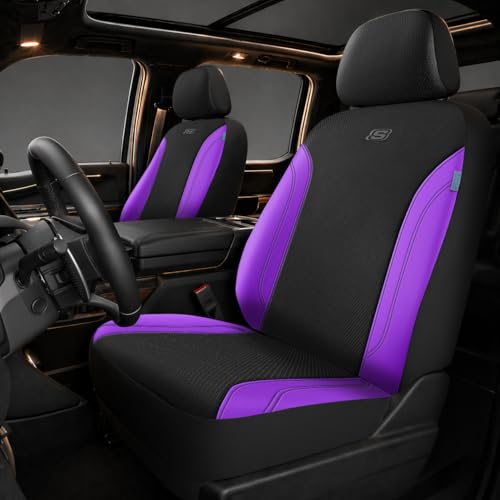 Skechers Work Seat Covers, Leather Seat Covers 5-Times Stronger Built-in Webbing, Oxford Fabric Front Seat Cover, Airbag Compatible, Automotive Comfort for Cars, Trucks, SUVs,Purple