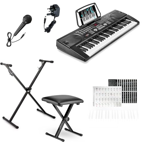 Crystals 61-Key Digital Keyboard Piano Set for Beginners with Adjustable Keyboard Stand, Padded Piano Stool & Microphone – LCD Display, 128 Timbres & Rhythms, Record Mode, Headphone Jack - Black
