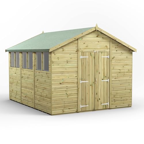 Image of Powersheds High Grade Premium Pressure Treated Apex Double Door Shed Garden Wooden Shed with Heavy Duty Frame, Door & Window Flexibility made from Extra Thick Timber & Toughened Glass (12x10)