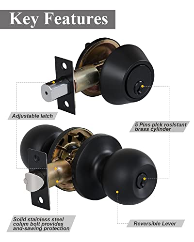 (4 Sets) All Keyed Same Entry Knobs&Single Cylinder Deadbolt For Exterior Front Doors, Matte Black Finish Entry Door Lock With Same Keys By Lanwandeng #TOP5