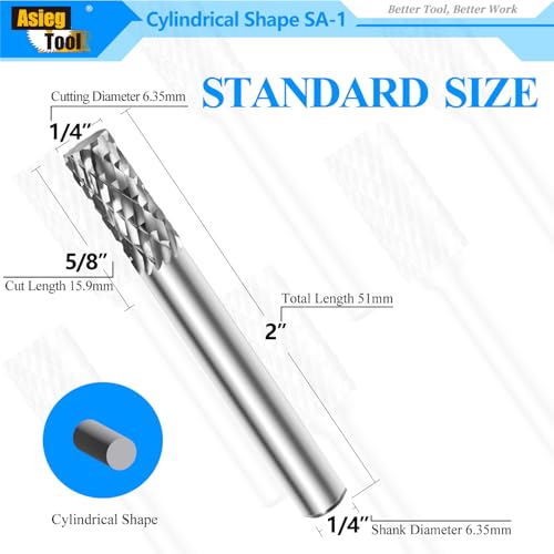 Image of SA-1 Solid Tungsten Carbide Burr Rotary File Cylindrical Shape Double Cut for Die Grinder Drill Bits 1 /4'' Inch Diameter of Shank and Cutter 5 /8'' Inch Cutter Length
