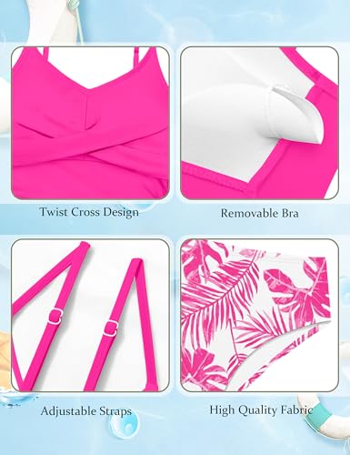 Image of Girls Swimsuit 2 Piece Bathing Suit Criss Cross Ruched Girl Tankini Sets Printed Girls' Swimwear for 9-18 Years