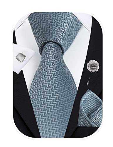 RIZORO Tie for Men – Self Silk Neck Ties Set with Cufflinks Flower Pin, Pocket Square & Black Gift Box, Combo Necktie Sets for Office Wear, Formal Suits & Weddings (0, SIDIRX)