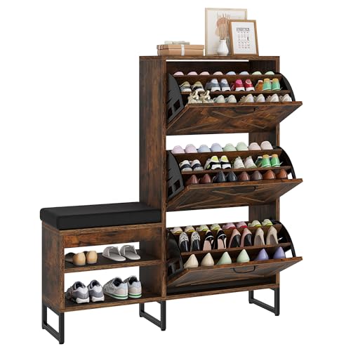 DWVO Farmhouse Shoe Cabinet with Bench, 3 Flip Drawers Shoe Cabinet for Entryway, Narrow Slim Shoe Rack Organizer for Entrance, Shoe Storage with Shoe Bench, Living Room, Hallway, Rustic Brown